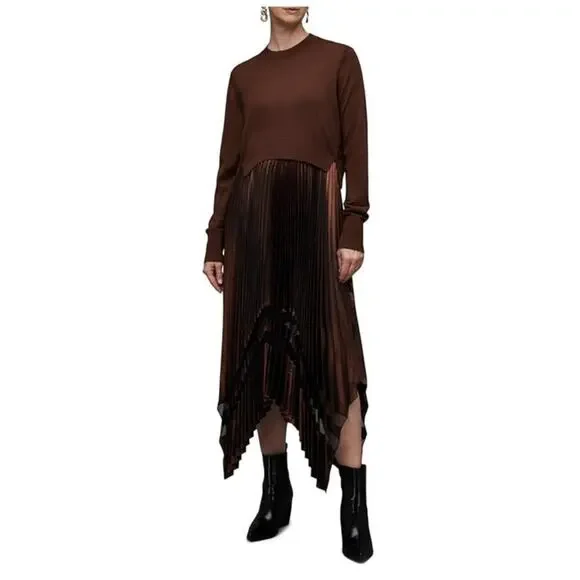 ALLSAINTS Nadia Foil Midi Dress Wool 2-in-1 Size Medium NWT - Picture 2 of 16